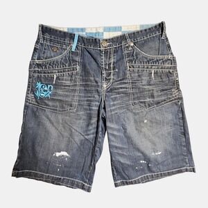 Konvict Baggy Denim Jorts Shorts 40x15‎ Logo Leather Patch Hip Hop Skate Y2K